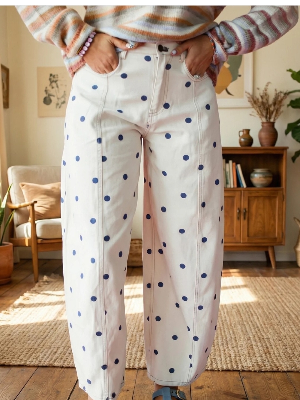 Peach Love California Cream Barrel Leg Polka Dot Pants - Picture 3 of 3